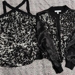 Libby Edelman Sequin Bomber Jacket with Matching RacerbackTop Black Rave Party